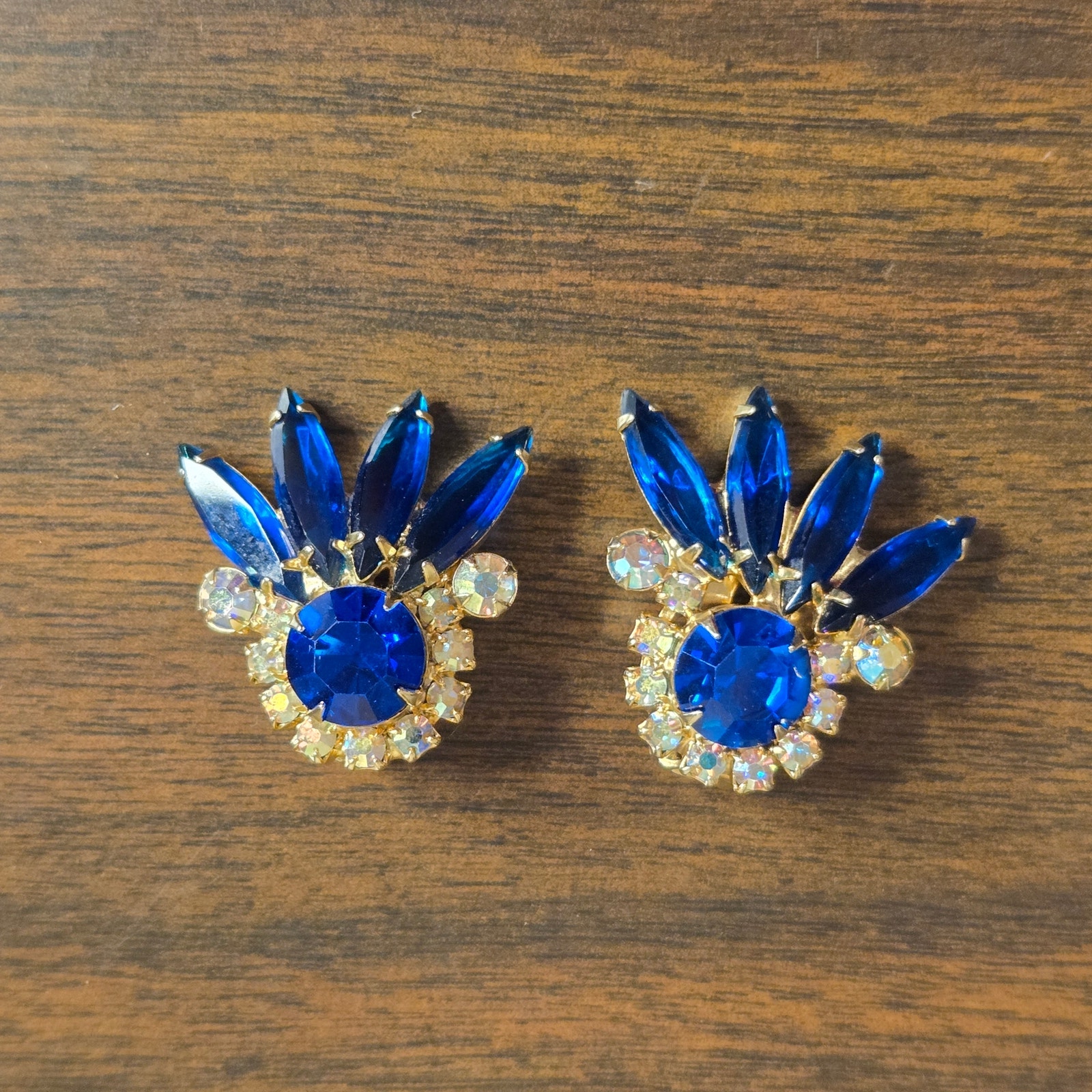Vtg Juliana DE Blue Navette Rhinestone Clip On Earrings Statement Starburst 59$